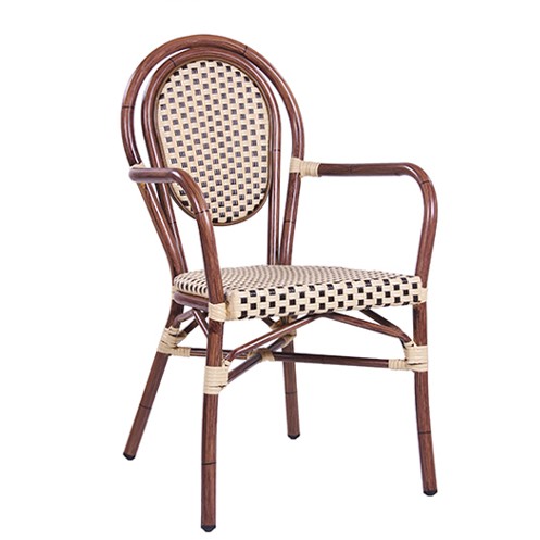 Outdoor Stuhl BAMBU AL ➜ Gestell mit Armlehnen aus Aluminium in Bambusoptik und mit Flechtung in beige-braun