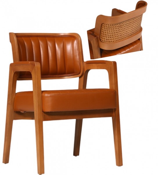hochwertiger Armlehnstuhl LENN mit Korbgeflecht auf der Rückseite der Rückenlehne, Kunstleder Cognac