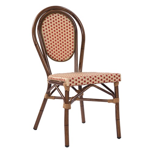 Outdoor Bistrostuhl BAMBU aus Aluminium in Bambusoptik mit Flechtung aus flachem Nylonband in beige-rot