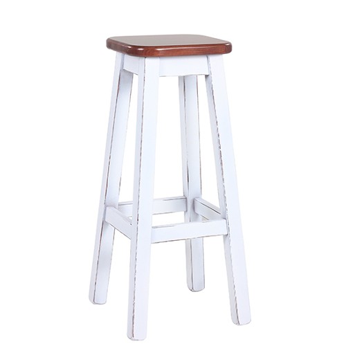 rustikaler Barhocker Kiefernholz Vintagelook weiß, Sitz nussbaum