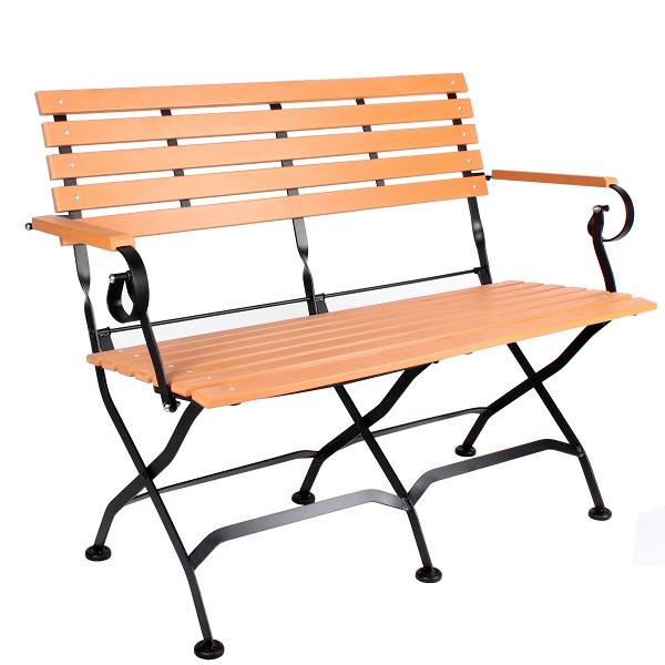 Biergartensitzbank | Outdoor-Sitzbank SENJA DUO klappbar mit Leisten aus Polywood-Holzimitat in Teakholzoptik